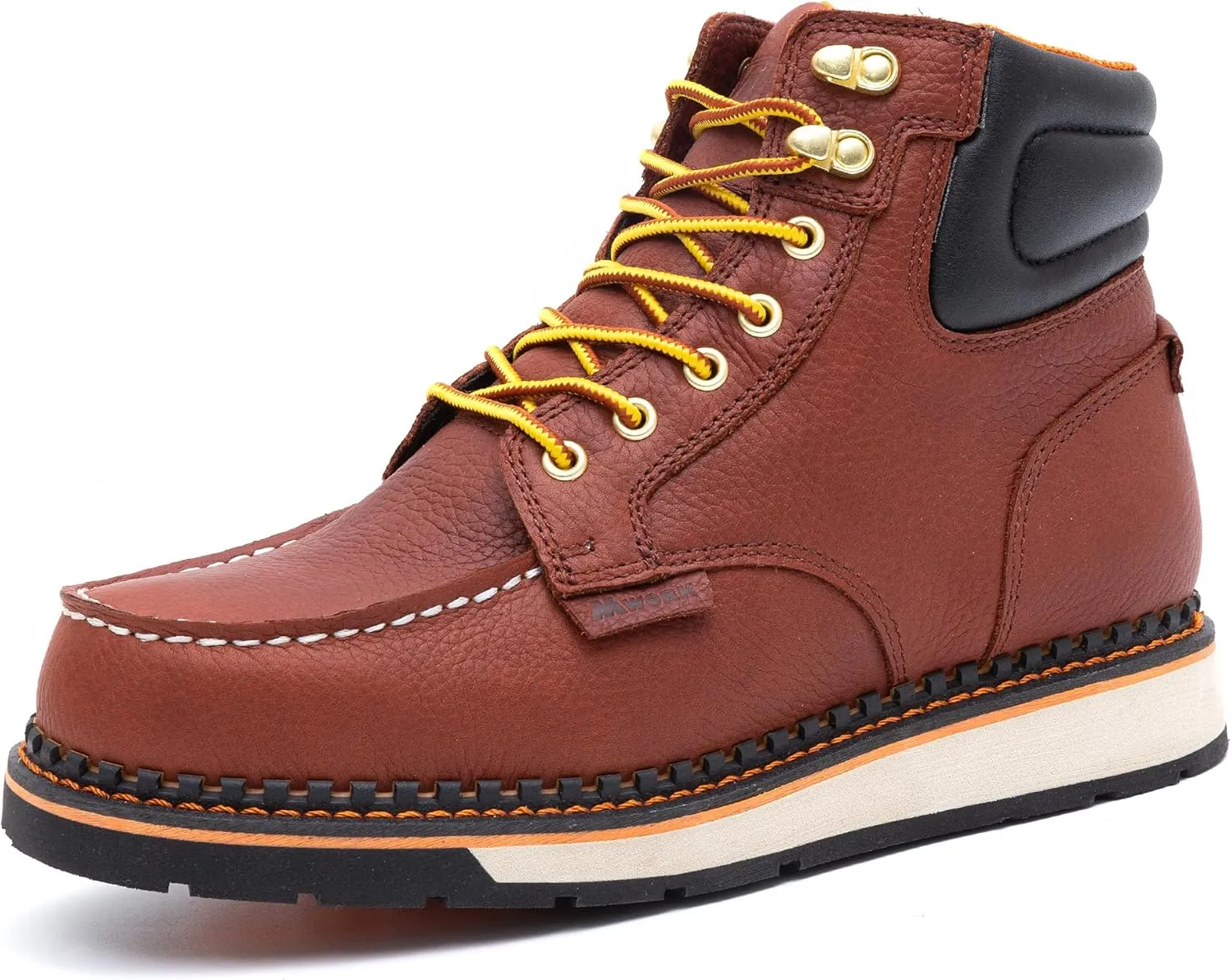 Men's 6 Inch Soft Moc Toe Work Boot, Premium Full-Grain Leather, Abrasion & Oil & Slip Toughest Wedge Sole, EH Rated, Arch Support Anti Fatigue
