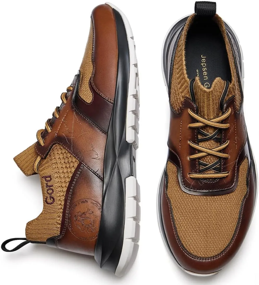 Men's Casual Dress Sneakers Breathable Leather Wool Knit Business Walking Shoes Comfortable Lightweight Lace Up Running Shoes