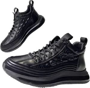 Men's Cowhide Animal Print Sneakers Air Cushion Elastic High-Top Soft Leather Height Lifting Non-Slip Lace Up Casual Shoes
