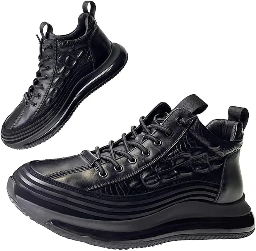 Men's Cowhide Animal Print Sneakers Air Cushion Elastic High-Top Soft Leather Height Lifting Non-Slip Lace Up Casual Shoes