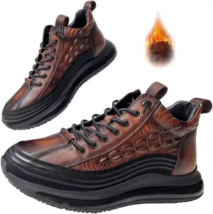 Men's Cowhide Animal Print Sneakers Air Cushion Elastic High-Top Soft Leather Height Lifting Non-Slip Lace Up Casual Shoes