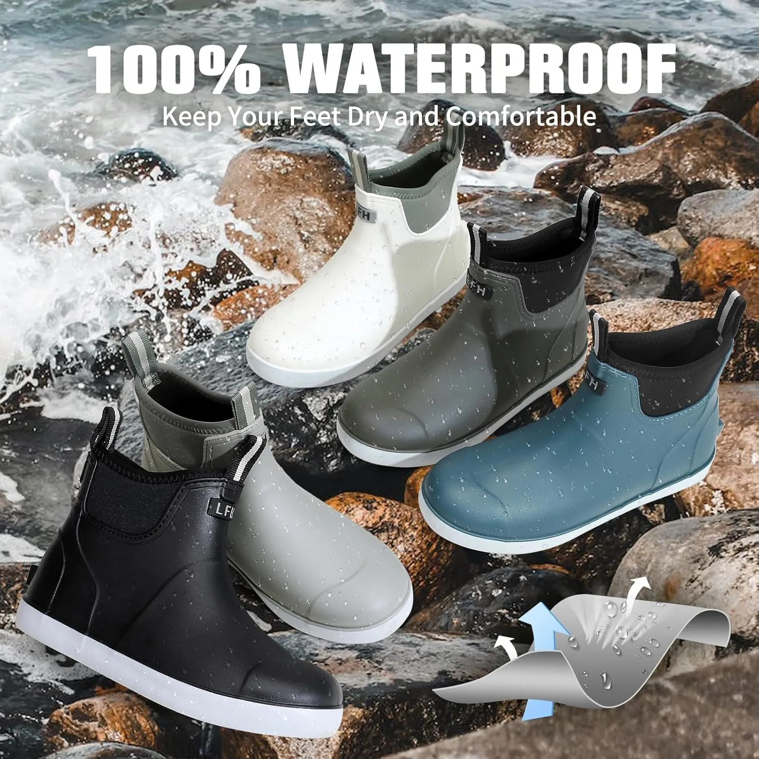 Mens Deck Boots, Saltwater Fishing Booties Rubber Waterproof Ankle Rain Boots, High-performance Footwear Chelsea Boots for Gardening Fishing Boating Camping Sailing