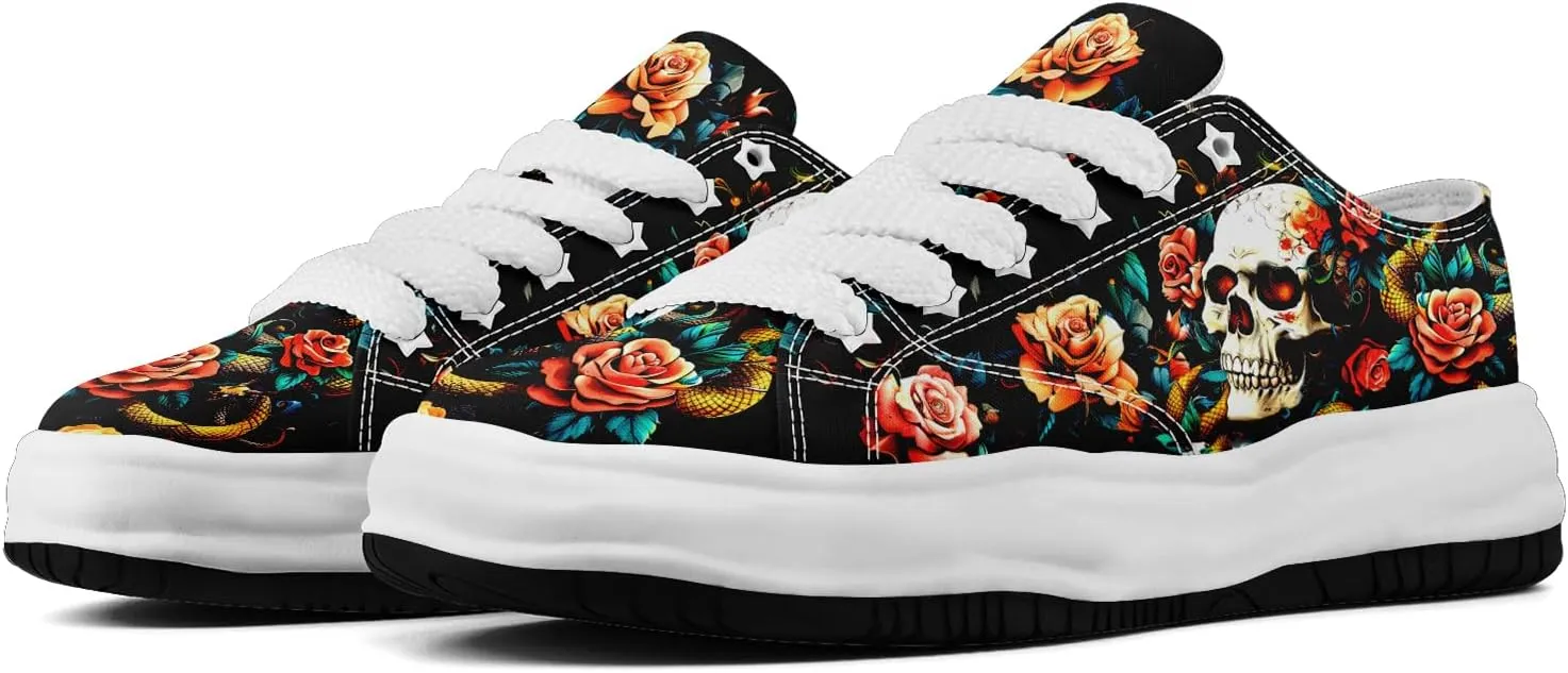 Men's Fashion Canvas Sneaker Low Top Flat Casual Shoes Women's Vibrant Skull Lightweight Comfort Walking Shoes