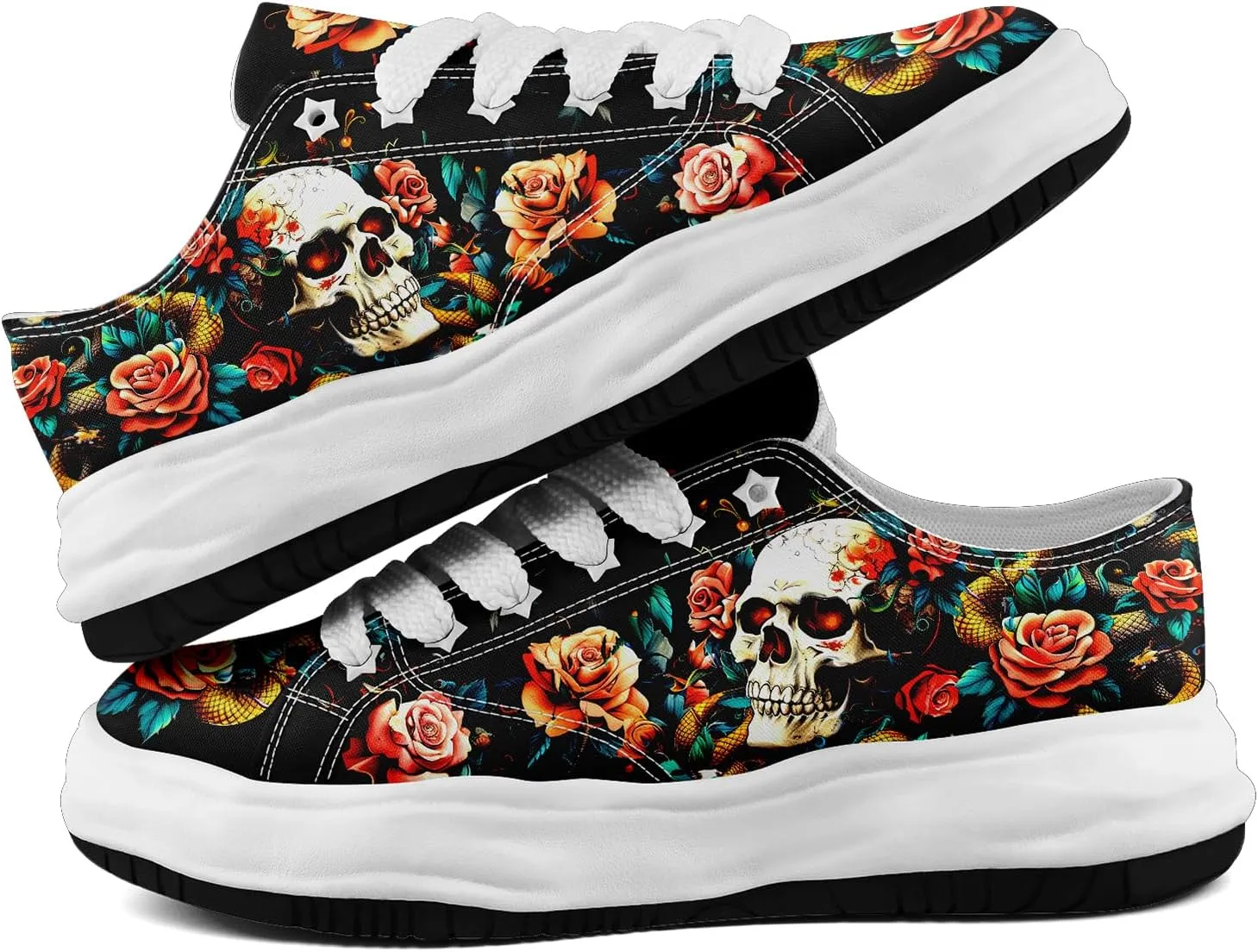 Men's Fashion Canvas Sneaker Low Top Flat Casual Shoes Women's Vibrant Skull Lightweight Comfort Walking Shoes