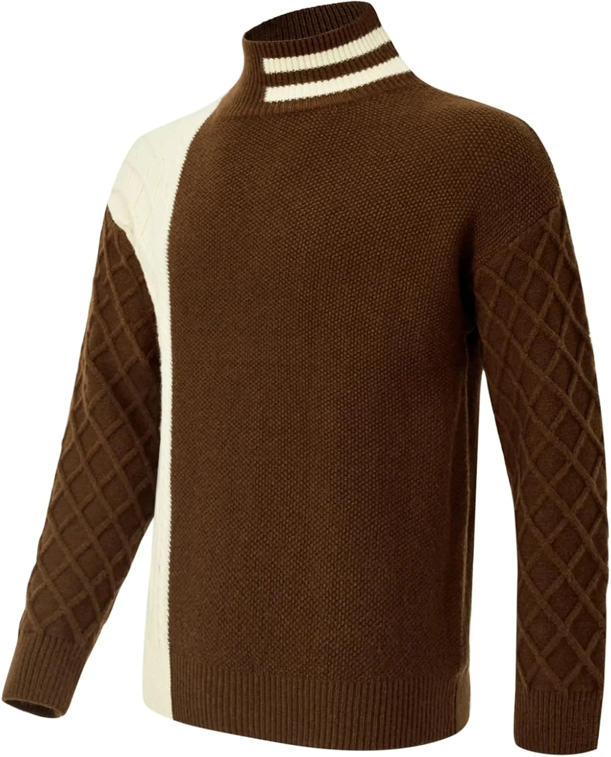Men's Fashion Striped Long Sleeve Mock Neck Pullover Sweater Turtleneck Color Block Casual Cable Knit Sweaters
