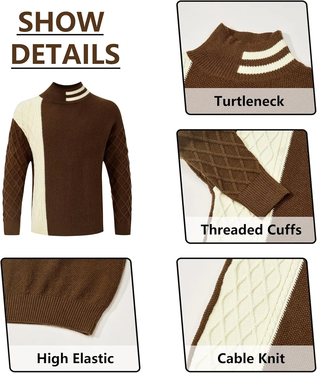 Men's Fashion Striped Long Sleeve Mock Neck Pullover Sweater Turtleneck Color Block Casual Cable Knit Sweaters