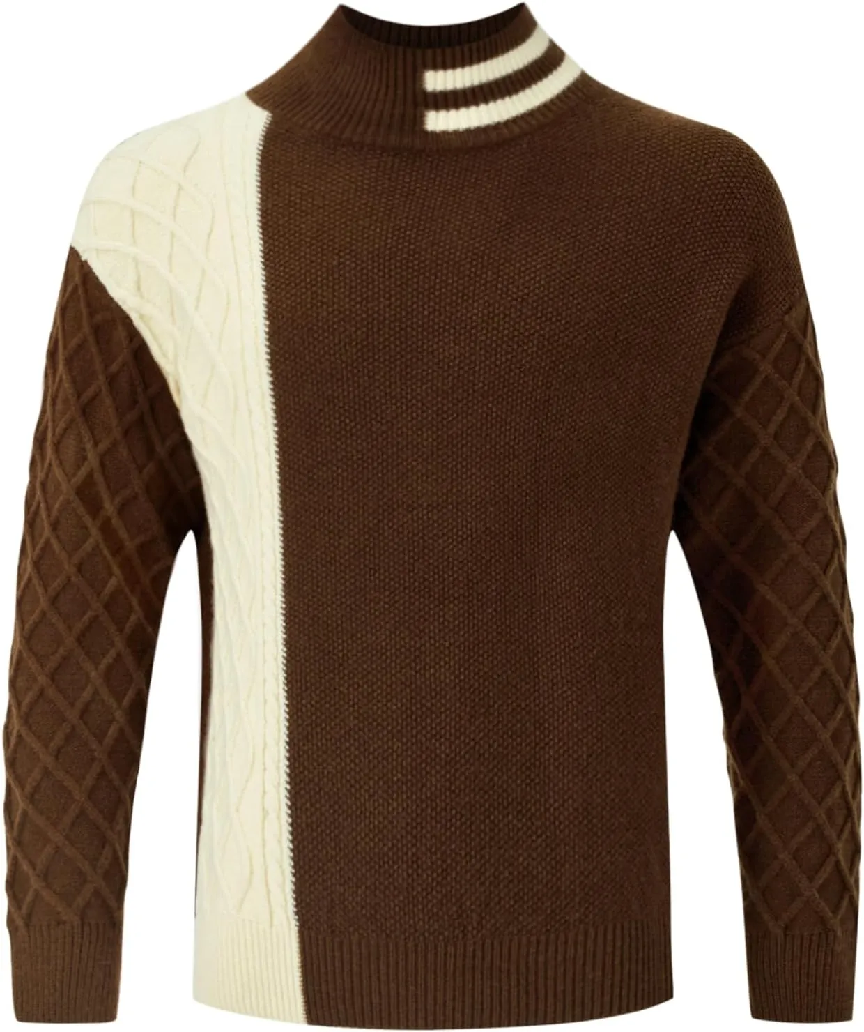 Men's Fashion Striped Long Sleeve Mock Neck Pullover Sweater Turtleneck Color Block Casual Cable Knit Sweaters