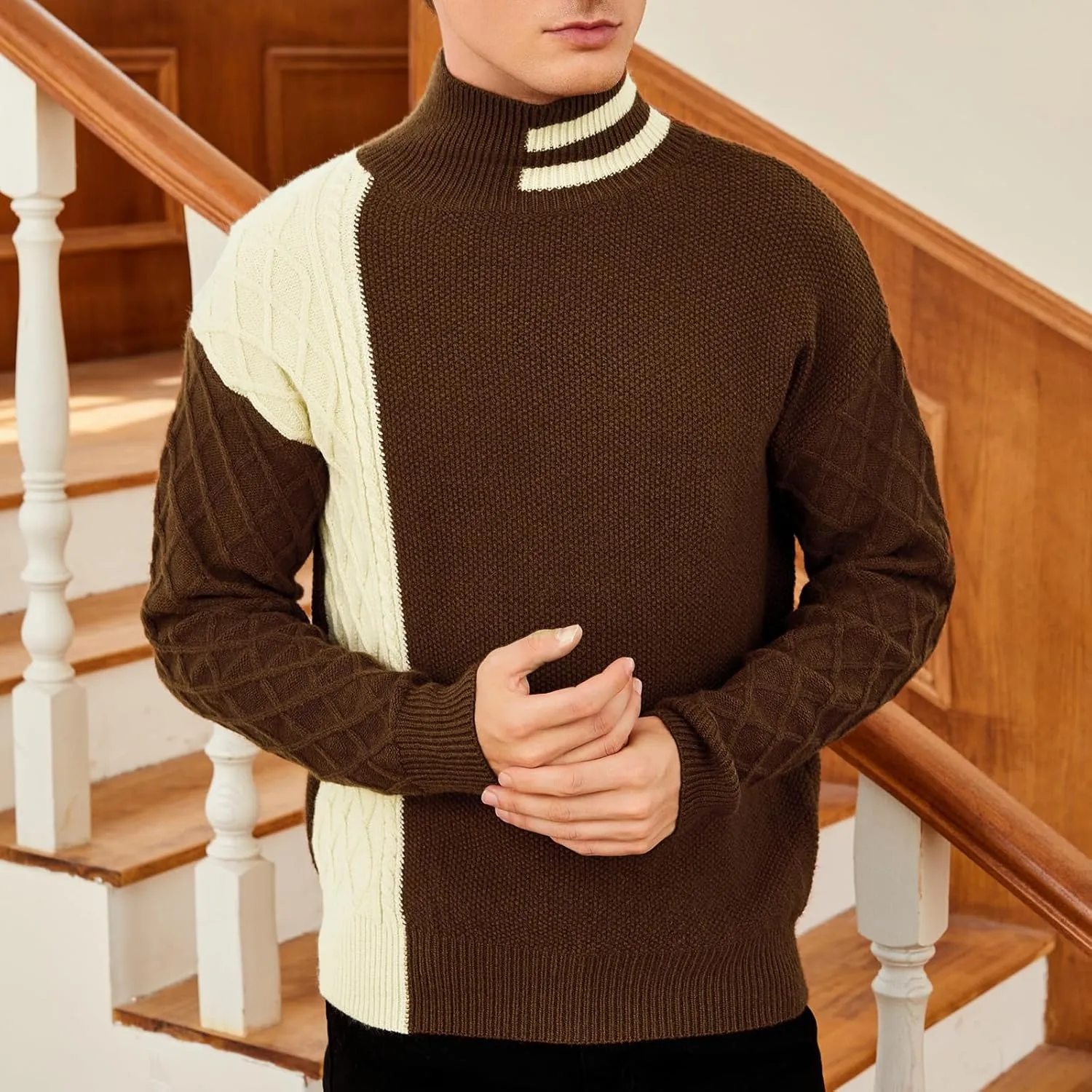 Men's Fashion Striped Long Sleeve Mock Neck Pullover Sweater Turtleneck Color Block Casual Cable Knit Sweaters