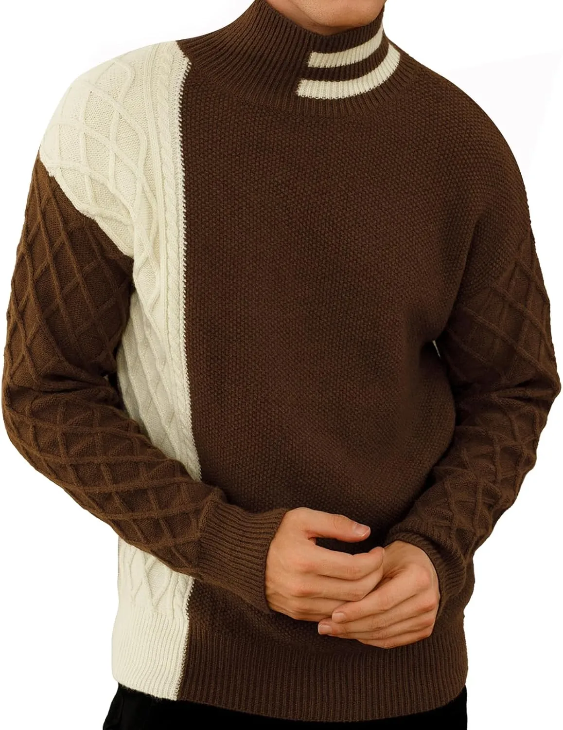 Men's Fashion Striped Long Sleeve Mock Neck Pullover Sweater Turtleneck Color Block Casual Cable Knit Sweaters