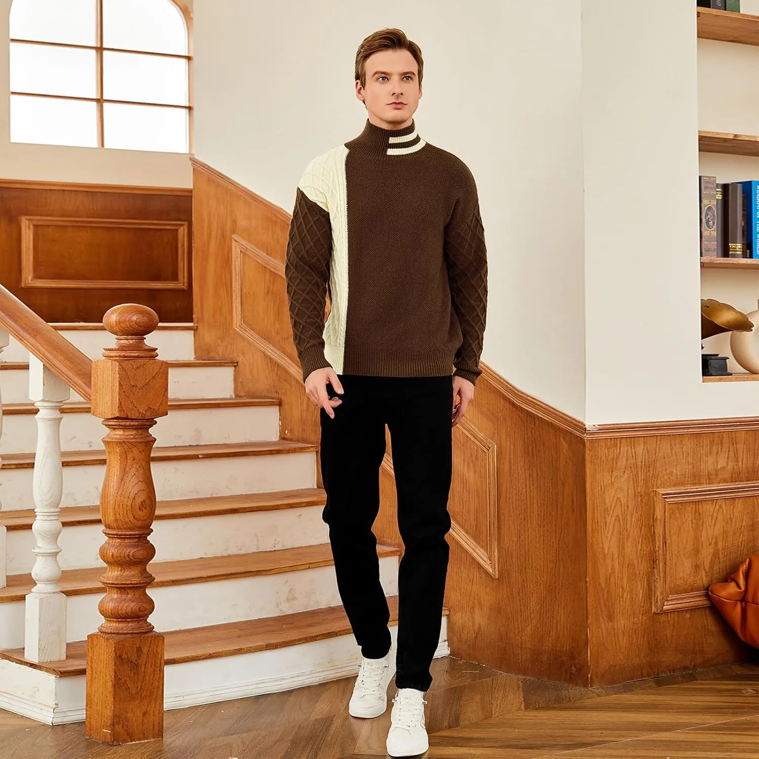 Men's Fashion Striped Long Sleeve Mock Neck Pullover Sweater Turtleneck Color Block Casual Cable Knit Sweaters