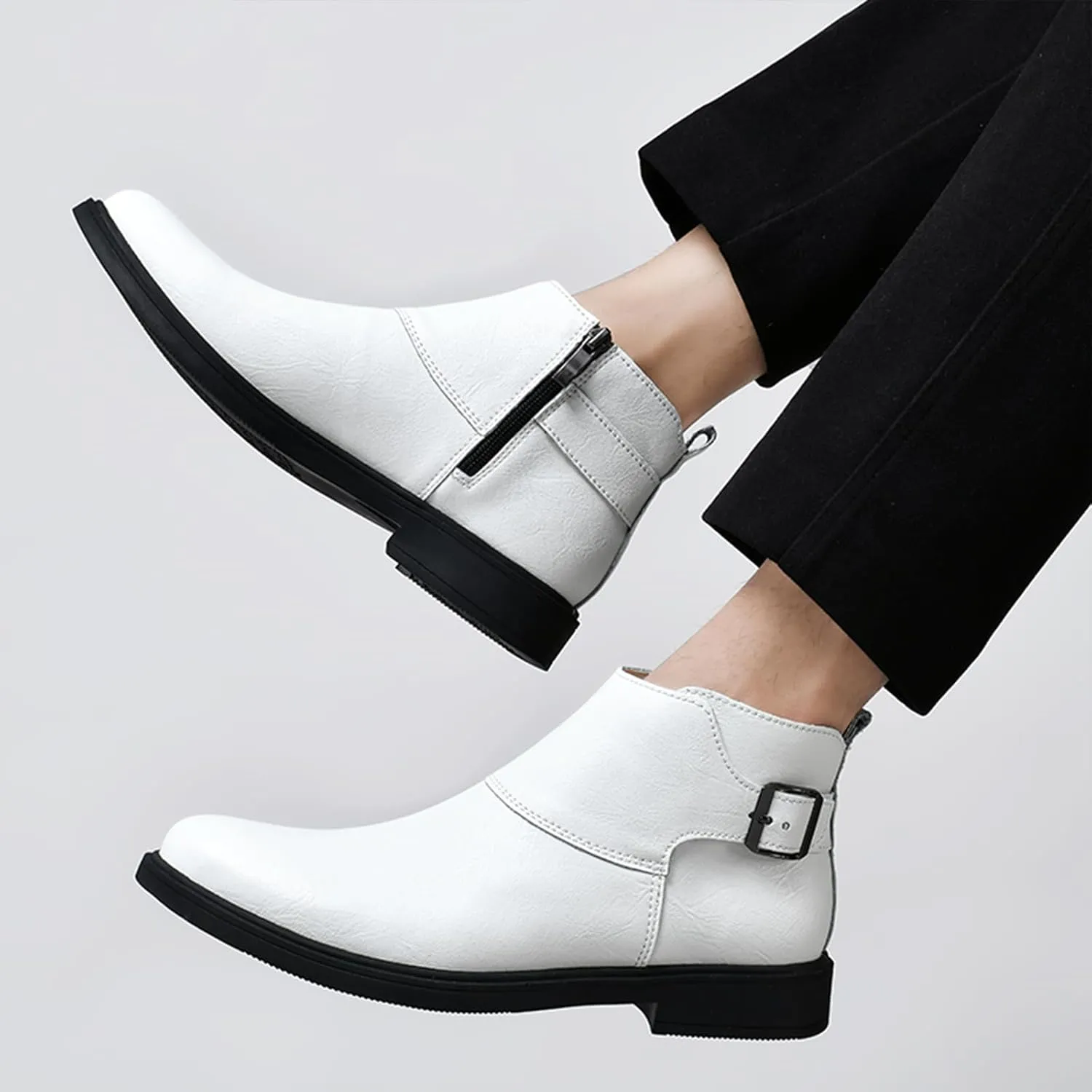 Men's Genuine Leather Buckle Dress Chelsea Boots with Side Zipper Fashion Pointed Toe Waterproof Non-Slip Casual Business Formal Booties