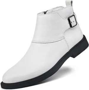 Men's Genuine Leather Buckle Dress Chelsea Boots with Side Zipper Fashion Pointed Toe Waterproof Non-Slip Casual Business Formal Booties