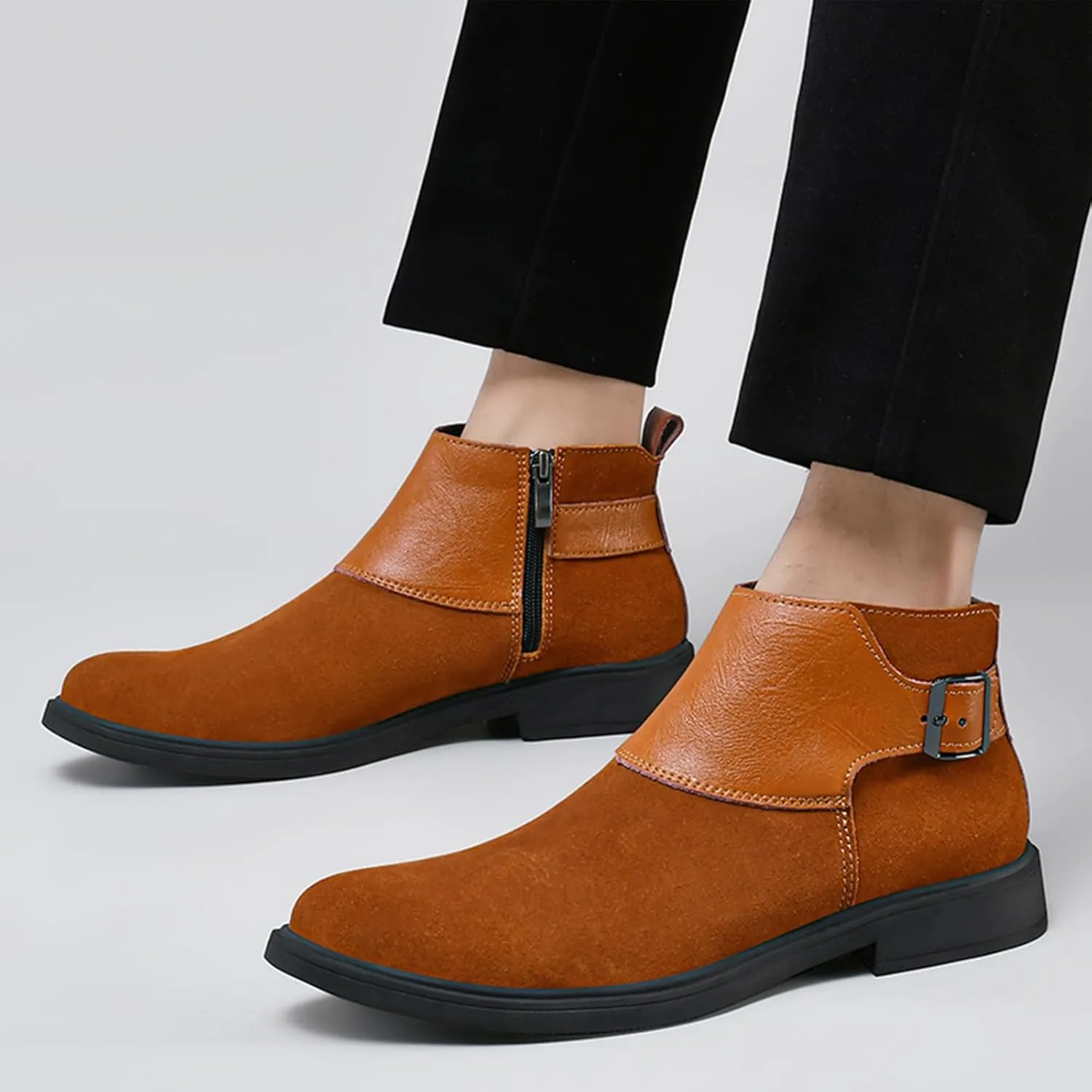 Men's Genuine Leather Buckle Dress Chelsea Boots with Side Zipper Fashion Pointed Toe Waterproof Non-Slip Casual Business Formal Booties