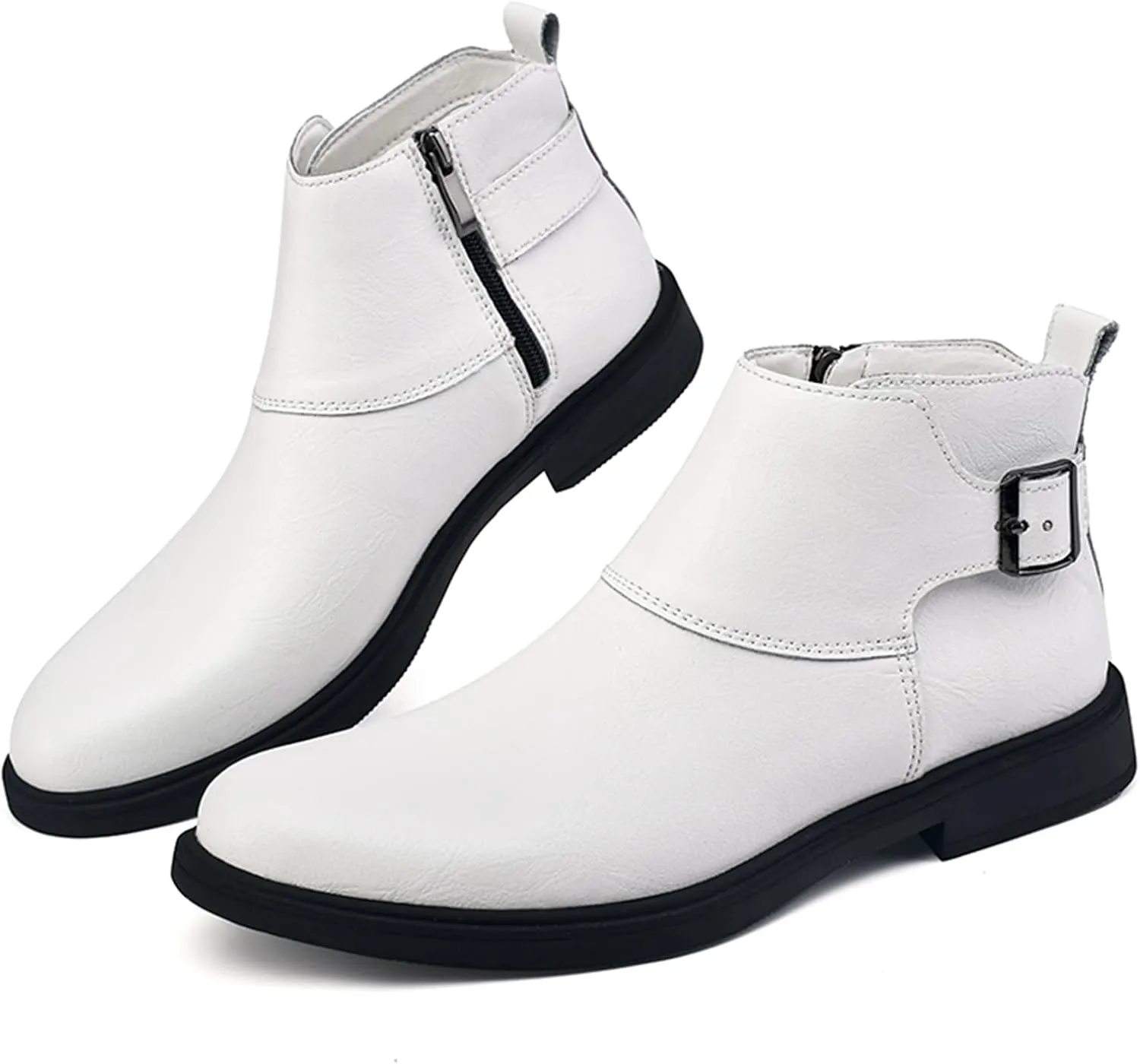 Men's Genuine Leather Buckle Dress Chelsea Boots with Side Zipper Fashion Pointed Toe Waterproof Non-Slip Casual Business Formal Booties