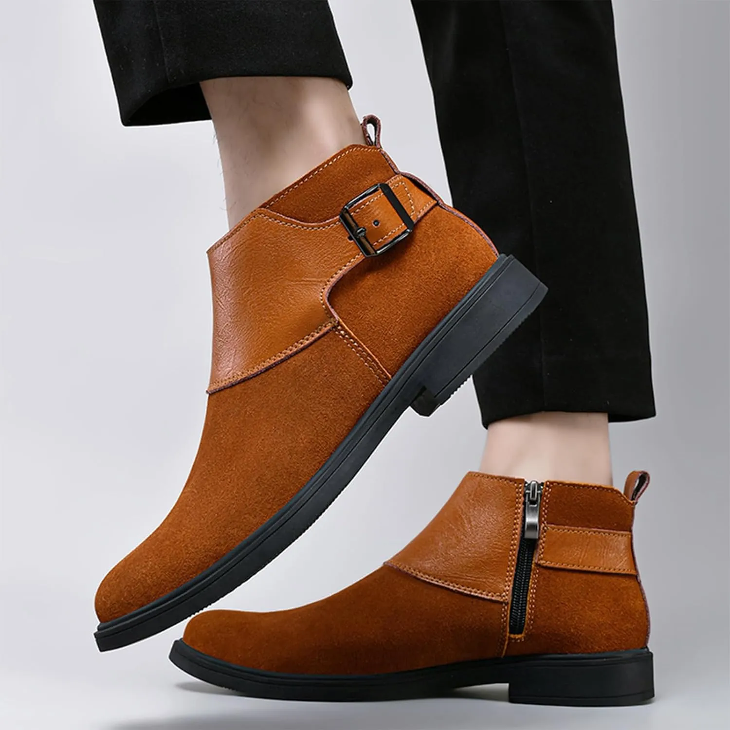 Men's Genuine Leather Buckle Dress Chelsea Boots with Side Zipper Fashion Pointed Toe Waterproof Non-Slip Casual Business Formal Booties