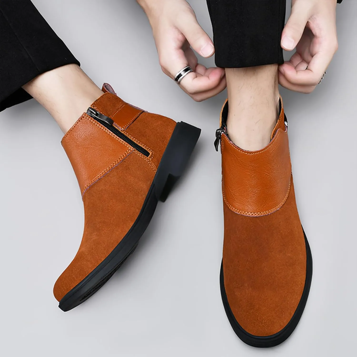 Men's Genuine Leather Buckle Dress Chelsea Boots with Side Zipper Fashion Pointed Toe Waterproof Non-Slip Casual Business Formal Booties
