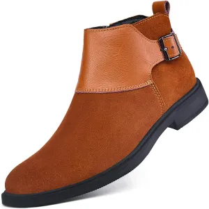Men's Genuine Leather Buckle Dress Chelsea Boots with Side Zipper Fashion Pointed Toe Waterproof Non-Slip Casual Business Formal Booties