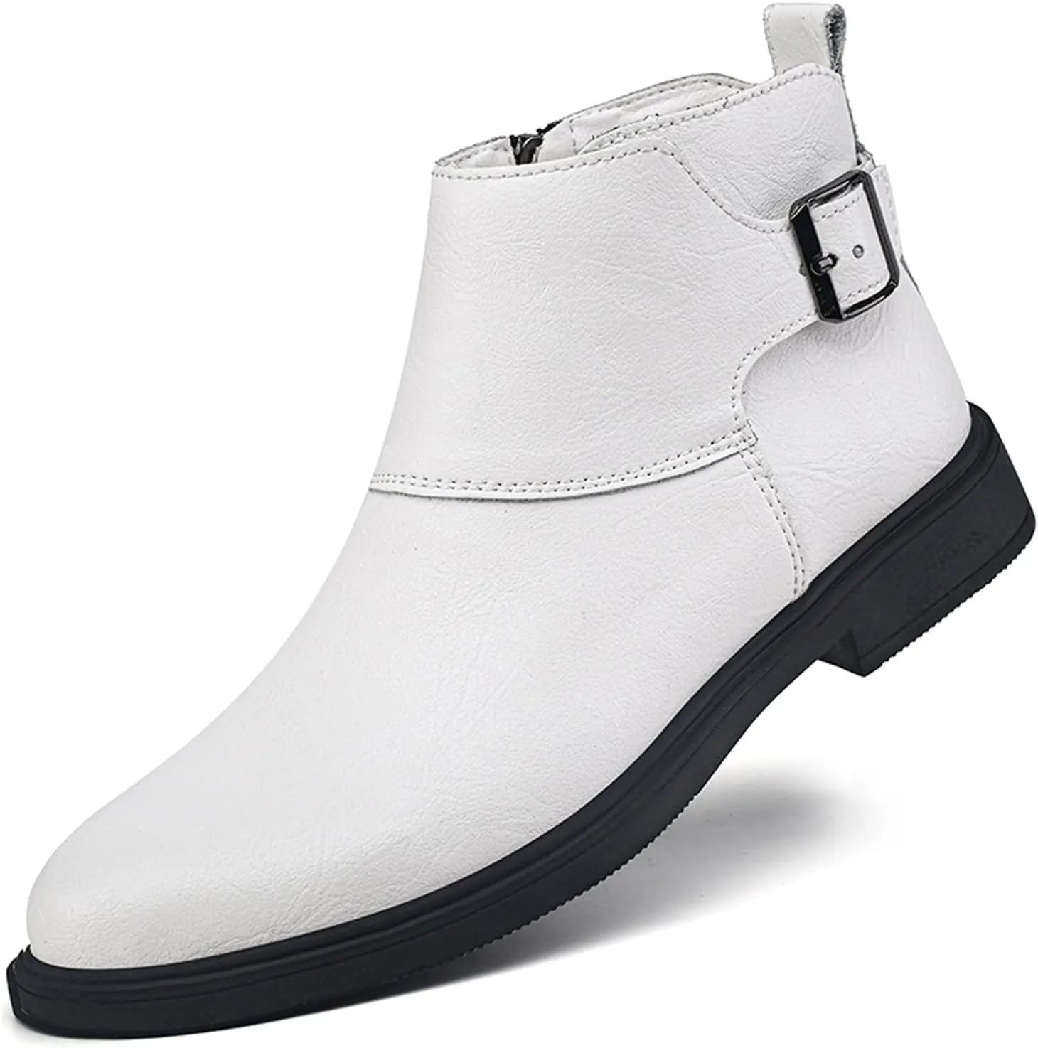 Men's Genuine Leather Buckle Dress Chelsea Boots with Side Zipper Fashion Pointed Toe Waterproof Non-Slip Casual Business Formal Booties