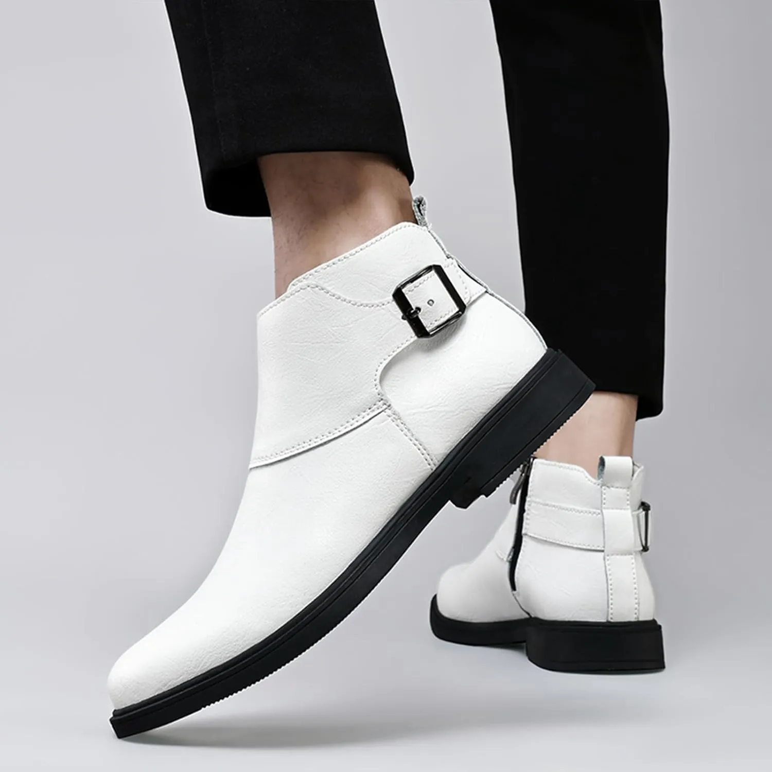 Men's Genuine Leather Buckle Dress Chelsea Boots with Side Zipper Fashion Pointed Toe Waterproof Non-Slip Casual Business Formal Booties