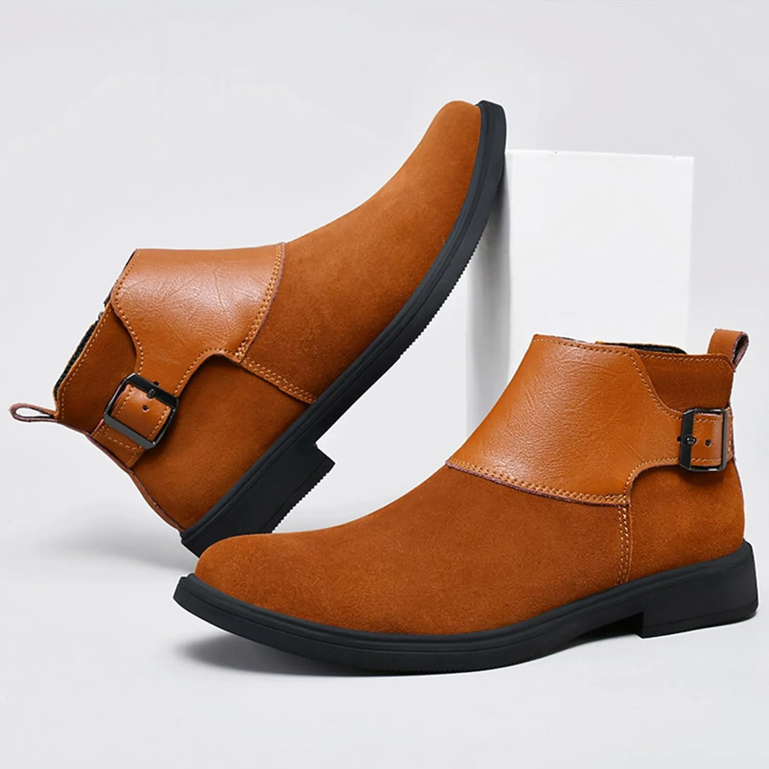 Men's Genuine Leather Buckle Dress Chelsea Boots with Side Zipper Fashion Pointed Toe Waterproof Non-Slip Casual Business Formal Booties