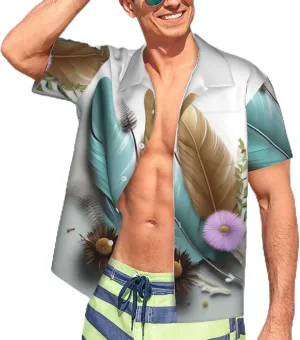 Men's Hawaiian Shirt Feather Flower Short Sleeve Button Down Tropical Holiday Beach Vacation Shirt