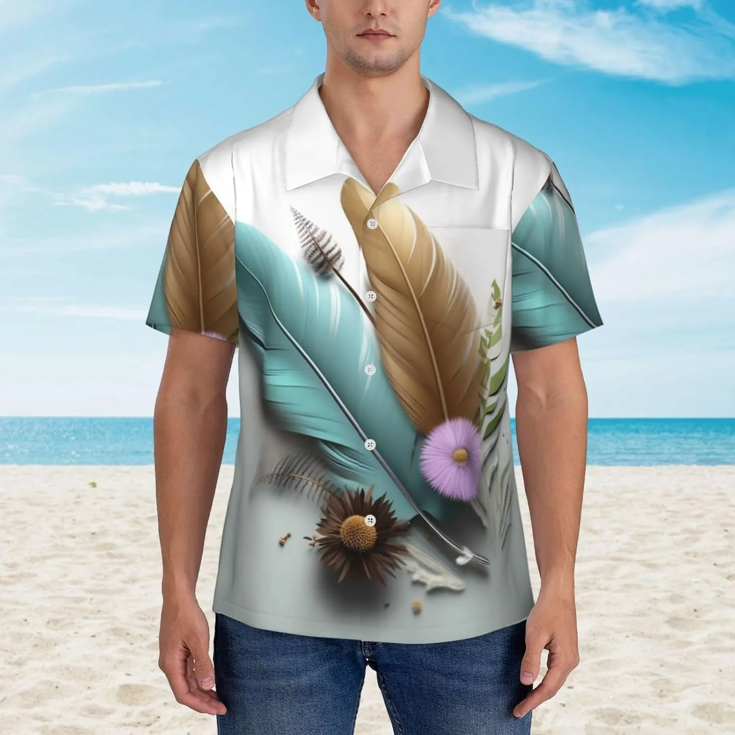 Men's Hawaiian Shirt Feather Flower Short Sleeve Button Down Tropical Holiday Beach Vacation Shirt