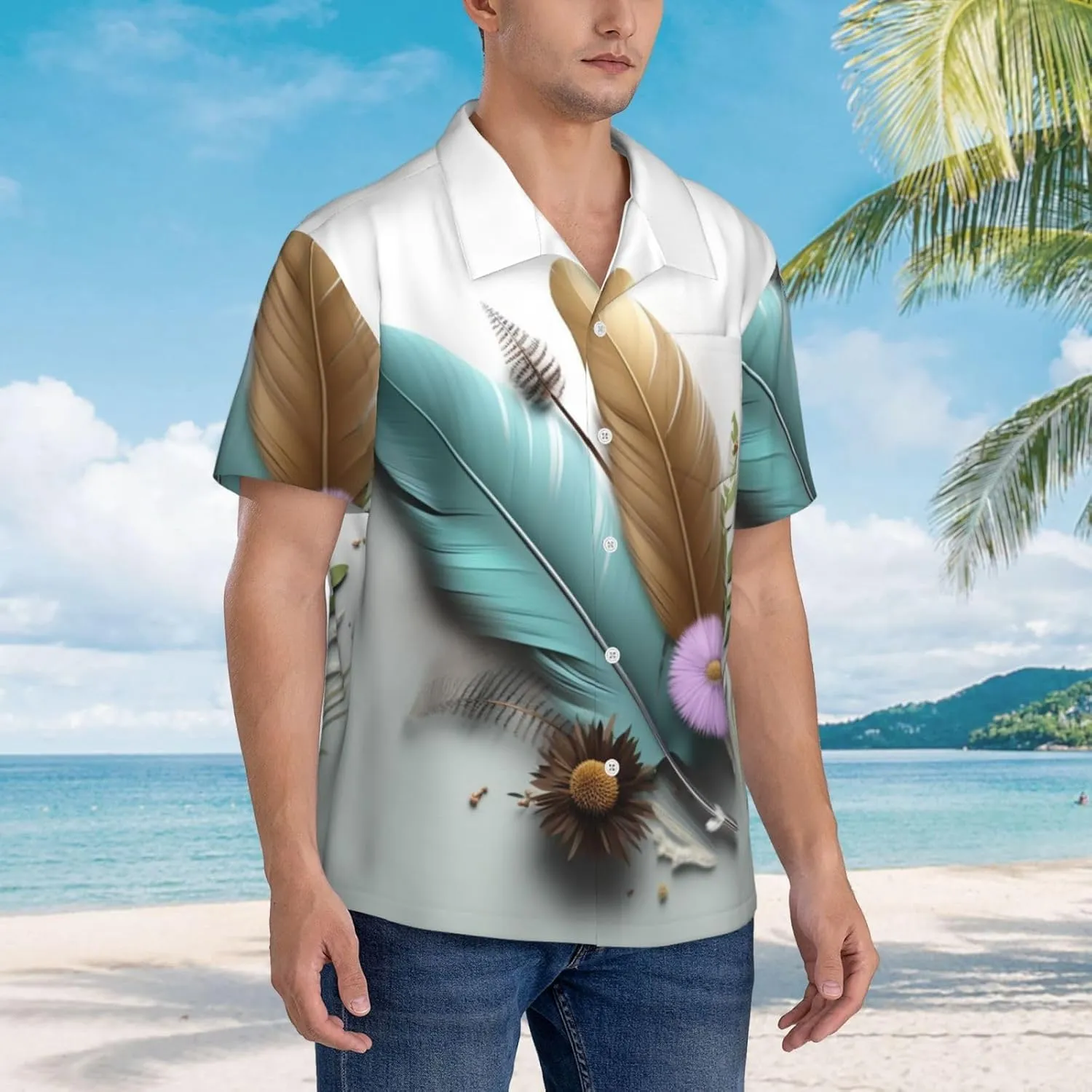 Men's Hawaiian Shirt Feather Flower Short Sleeve Button Down Tropical Holiday Beach Vacation Shirt