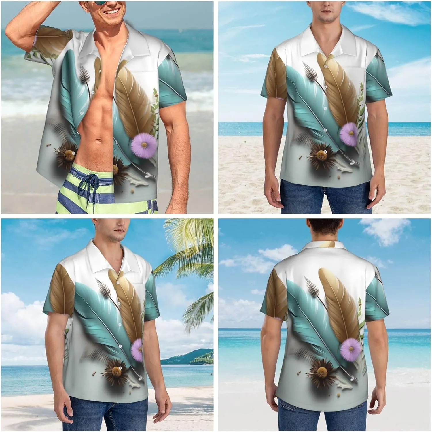 Men's Hawaiian Shirt Feather Flower Short Sleeve Button Down Tropical Holiday Beach Vacation Shirt