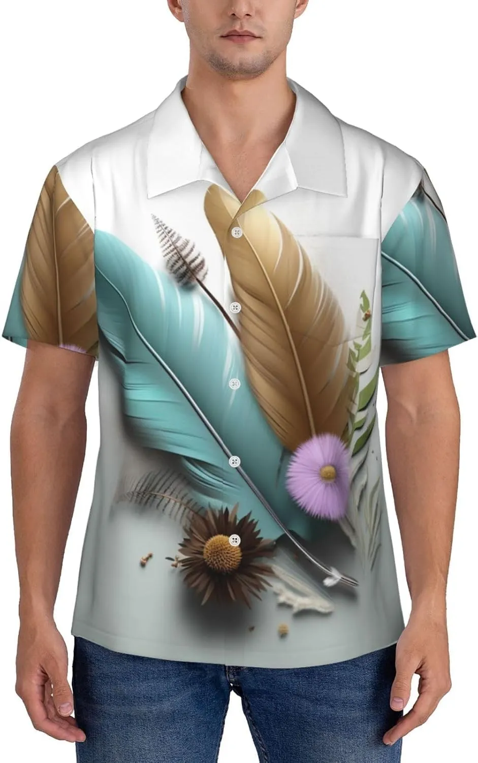 Men's Hawaiian Shirt Feather Flower Short Sleeve Button Down Tropical Holiday Beach Vacation Shirt
