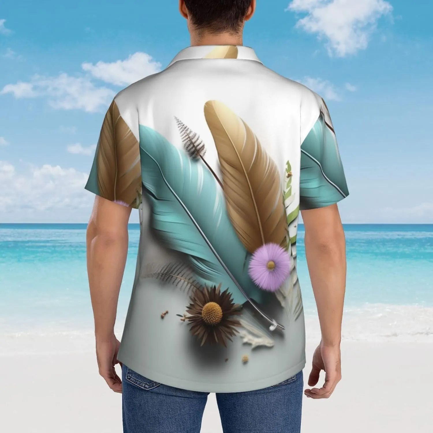Men's Hawaiian Shirt Feather Flower Short Sleeve Button Down Tropical Holiday Beach Vacation Shirt