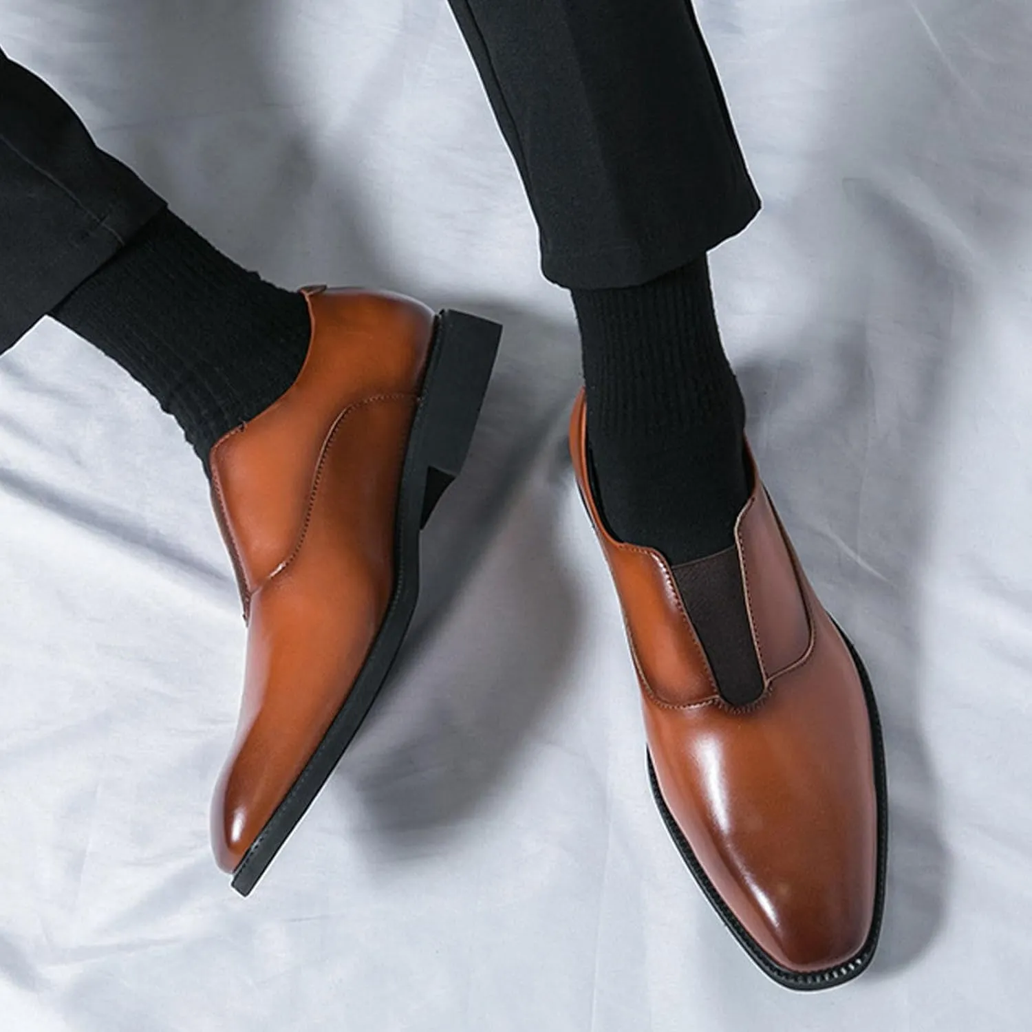 Men's Leather Elastic Band Low Top Dress Business Loafers Fashion Square Toe Low Heeled Slip-On Formal Tuxedo Derby Shoes Classic Plain Toe Modern Formal Leather Shoes