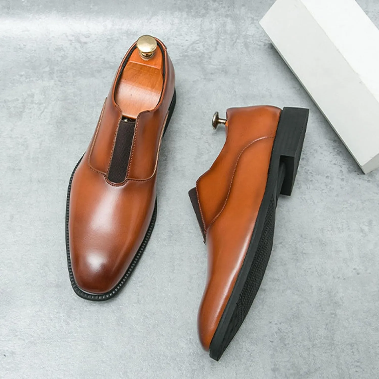 Men's Leather Elastic Band Low Top Dress Business Loafers Fashion Square Toe Low Heeled Slip-On Formal Tuxedo Derby Shoes Classic Plain Toe Modern Formal Leather Shoes