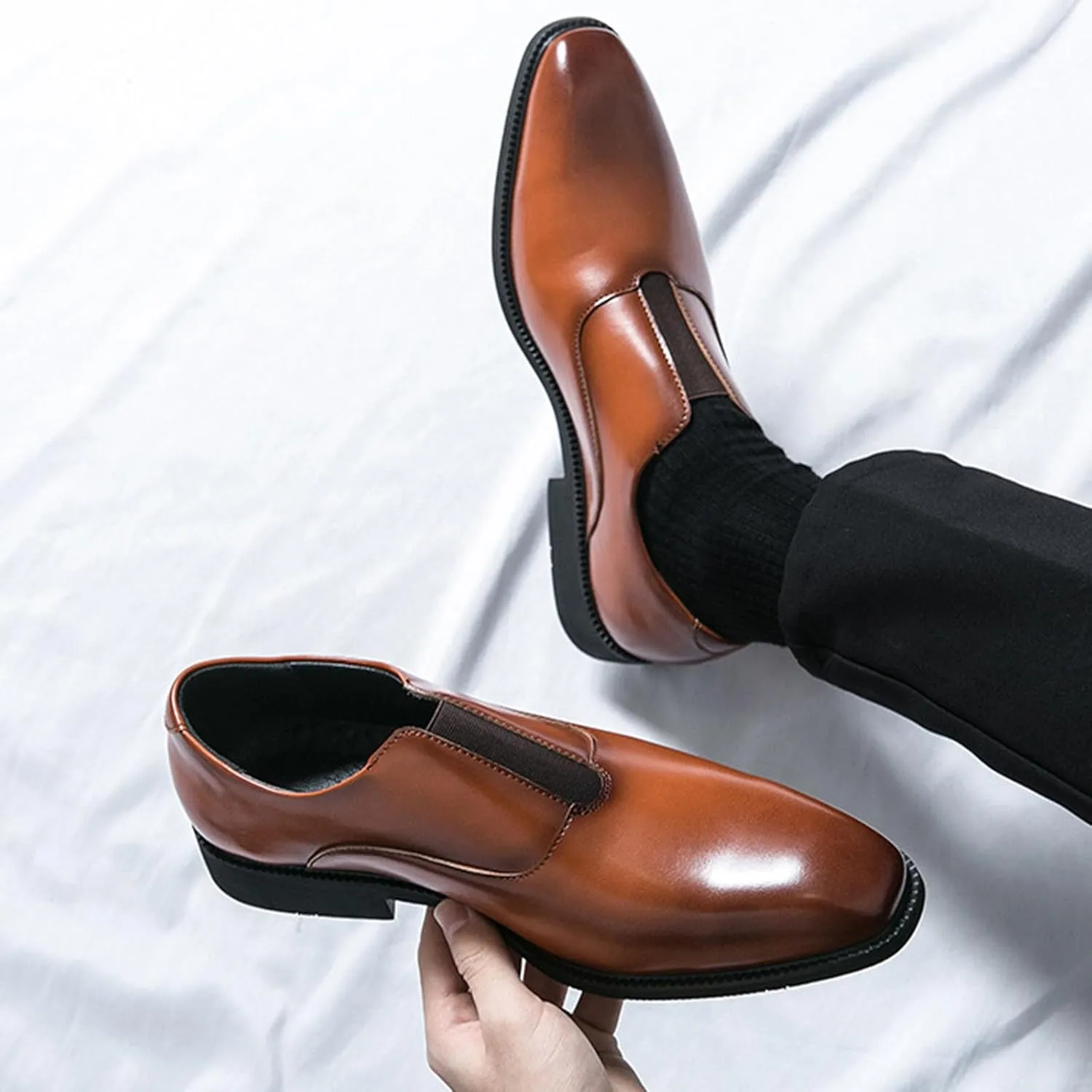 Men's Leather Elastic Band Low Top Dress Business Loafers Fashion Square Toe Low Heeled Slip-On Formal Tuxedo Derby Shoes Classic Plain Toe Modern Formal Leather Shoes