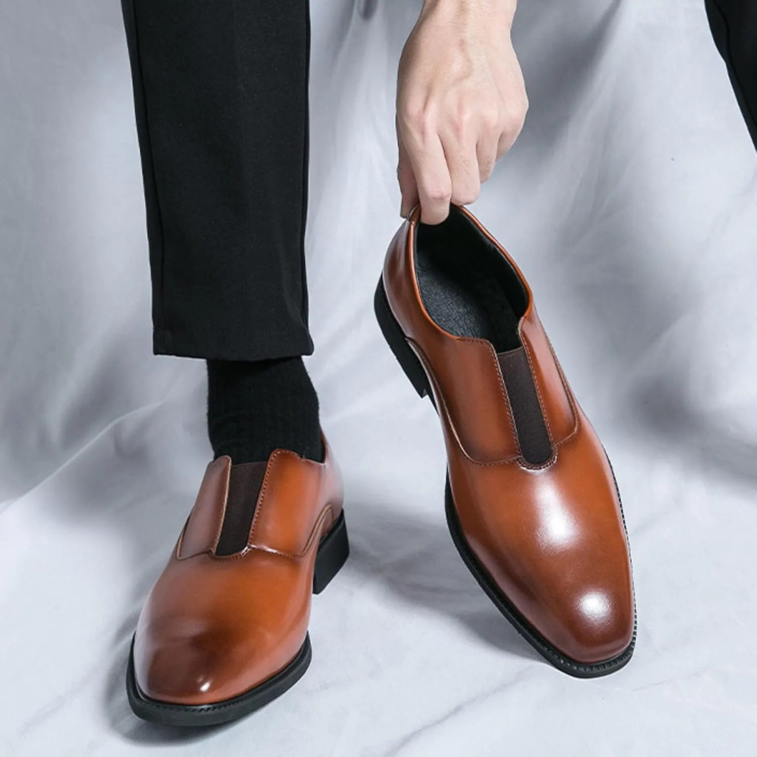 Men's Leather Elastic Band Low Top Dress Business Loafers Fashion Square Toe Low Heeled Slip-On Formal Tuxedo Derby Shoes Classic Plain Toe Modern Formal Leather Shoes