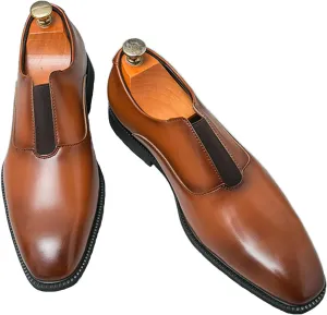 Men's Leather Elastic Band Low Top Dress Business Loafers Fashion Square Toe Low Heeled Slip-On Formal Tuxedo Derby Shoes Classic Plain Toe Modern Formal Leather Shoes