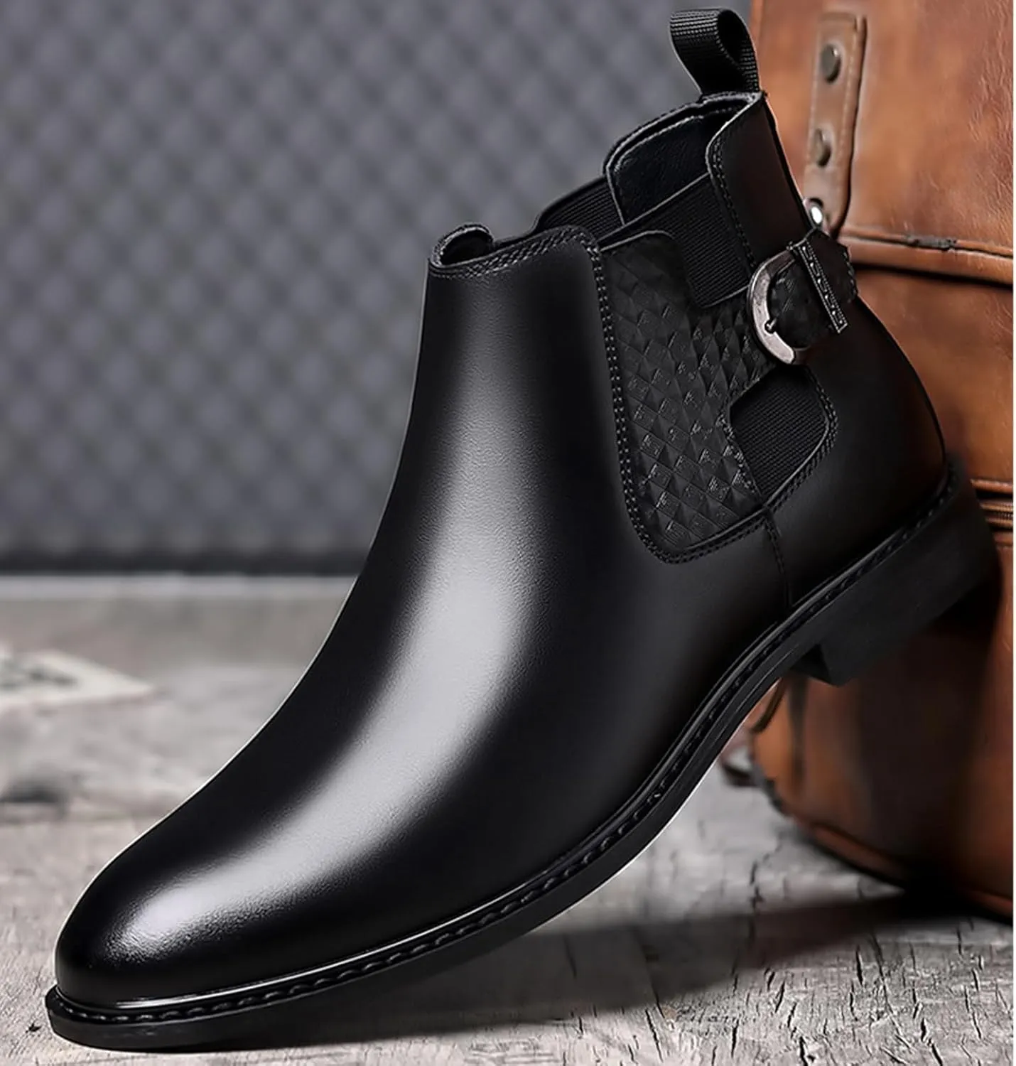 Men's Leather Monk Strap Ankle Boots Fashion Slip On Chelsea Boots Casual Work Boots