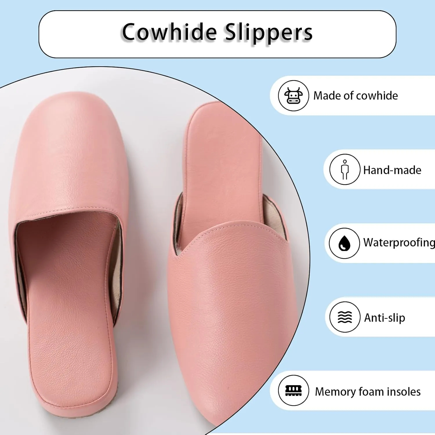Men's Leather Slippers Genuine Leather Slippers for Men Scuff Slippers with Memory Foam Minimalist Mules House Slip-on Shoes for Office Home Bedroom Living Room Guests Visitor