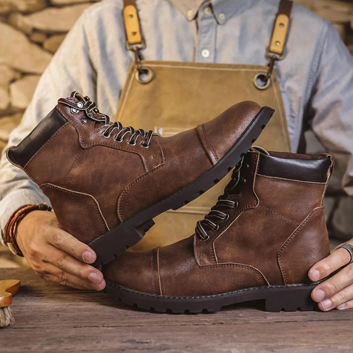 Men's Oxford Dress Boots Fashion Round Toe Platform Lace Up Low Heel Lug Sole Casual Mid Top Motorcycle Boots Business Work Boots for Men