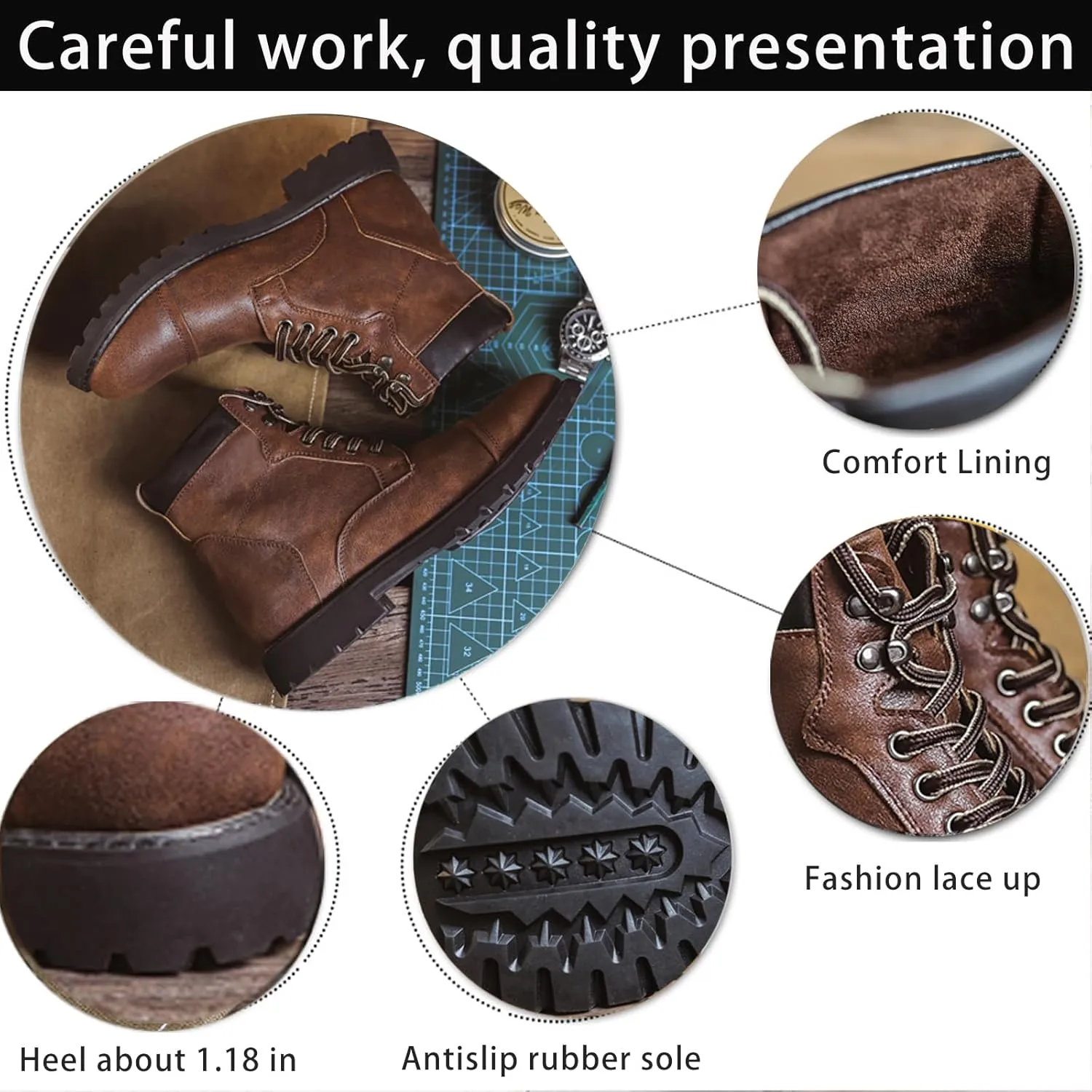 Men's Oxford Dress Boots Fashion Round Toe Platform Lace Up Low Heel Lug Sole Casual Mid Top Motorcycle Boots Business Work Boots for Men