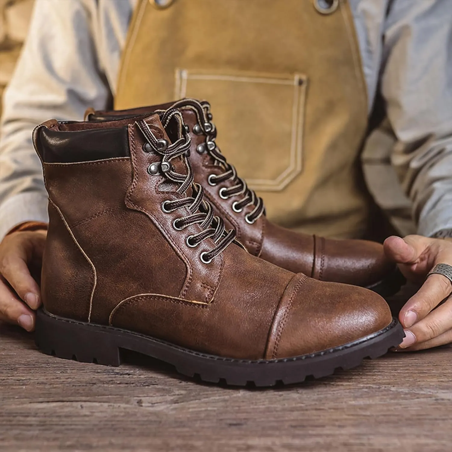 Men's Oxford Dress Boots Fashion Round Toe Platform Lace Up Low Heel Lug Sole Casual Mid Top Motorcycle Boots Business Work Boots for Men