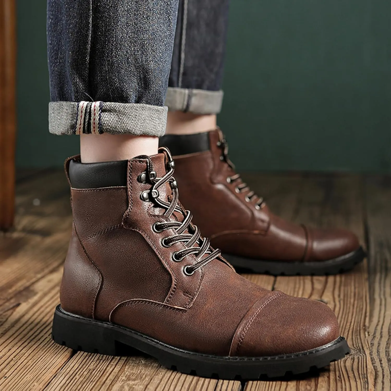 Men's Oxford Dress Boots Fashion Round Toe Platform Lace Up Low Heel Lug Sole Casual Mid Top Motorcycle Boots Business Work Boots for Men