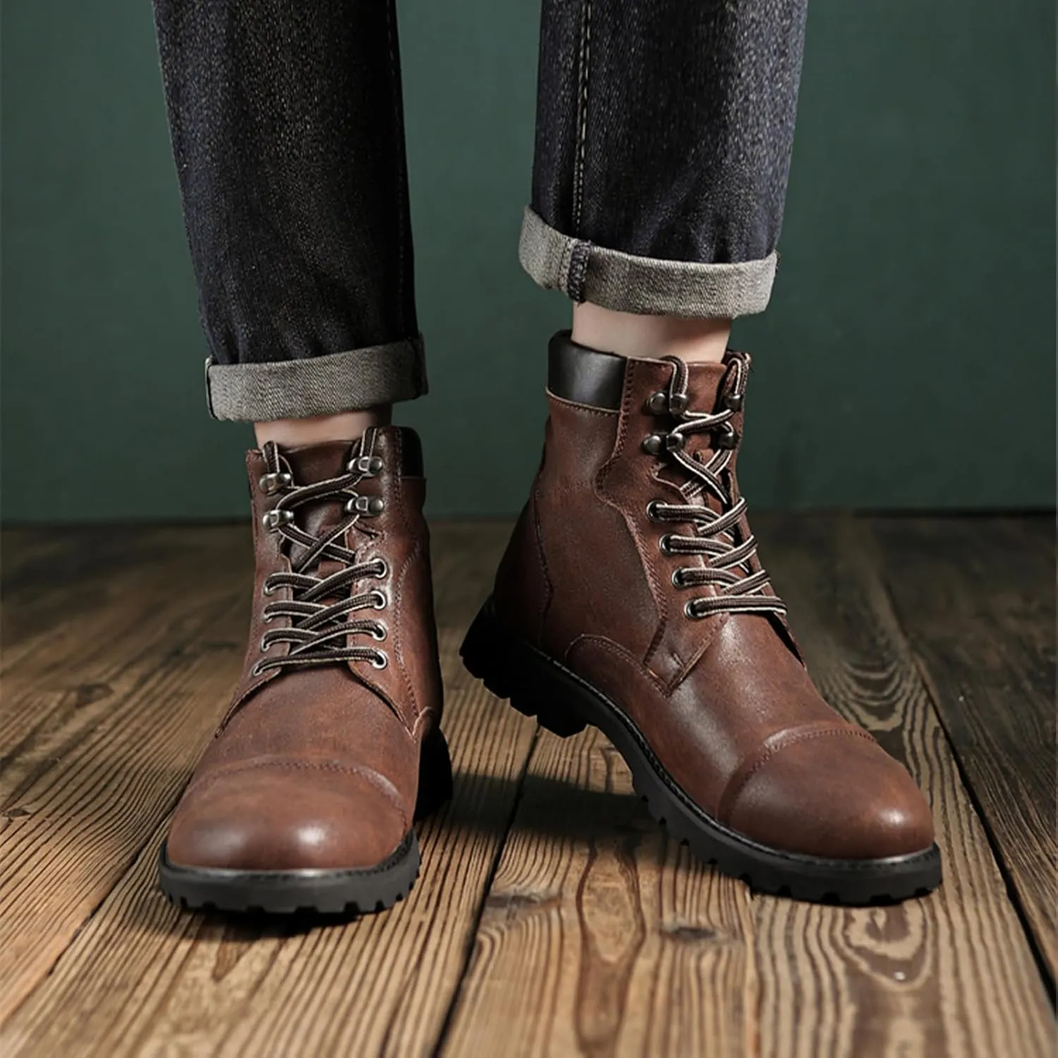 Men's Oxford Dress Boots Fashion Round Toe Platform Lace Up Low Heel Lug Sole Casual Mid Top Motorcycle Boots Business Work Boots for Men