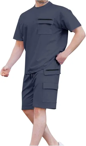 Mens Summer Sets 2 Piece Outfits Fashion Casual Summer Tracksuit Short Sleeve Shirt Pullover & Cargo Shorts Multi Pocket