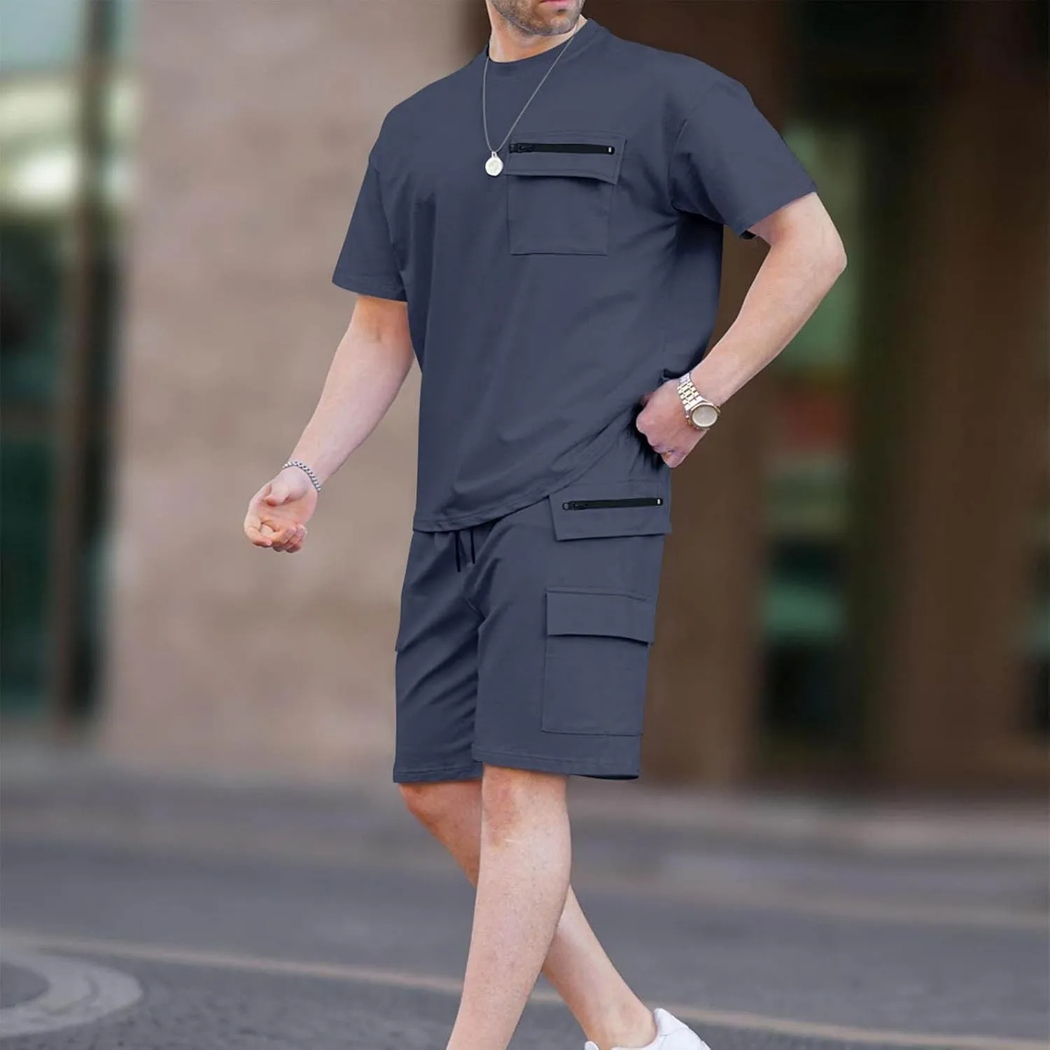 Mens Summer Sets 2 Piece Outfits Fashion Casual Summer Tracksuit Short Sleeve Shirt Pullover & Cargo Shorts Multi Pocket