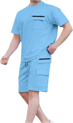 Mens Summer Sets 2 Piece Outfits Fashion Summer Tracksuit Casual Short Sleeve Shirt Pullover & Cargo Shorts Multi Pocket