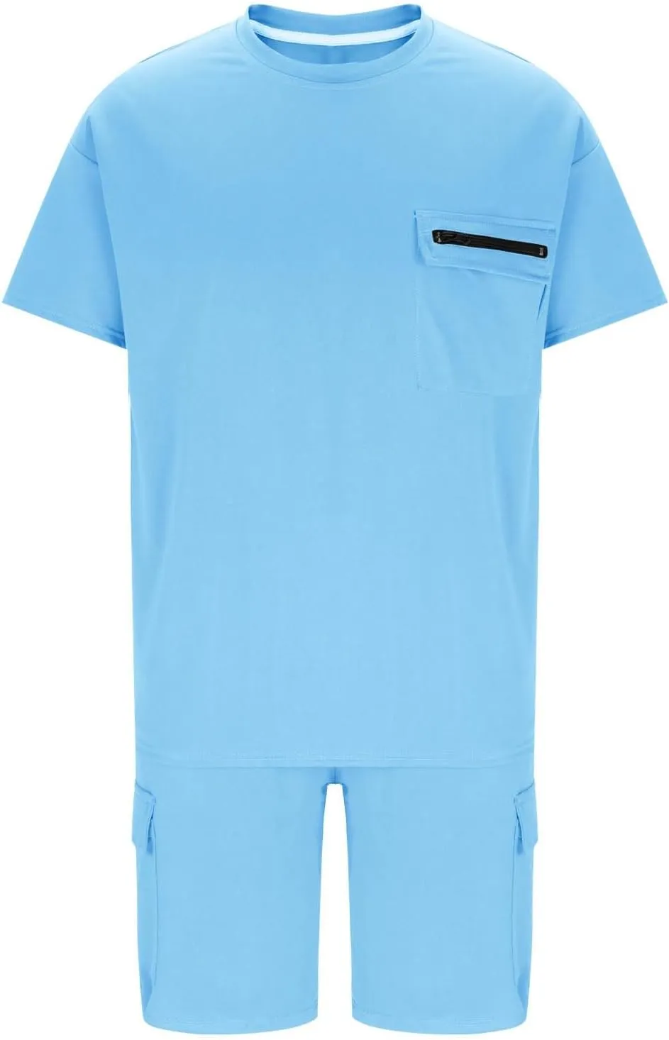 Mens Summer Sets 2 Piece Outfits Fashion Summer Tracksuit Casual Short Sleeve Shirt Pullover & Cargo Shorts Multi Pocket