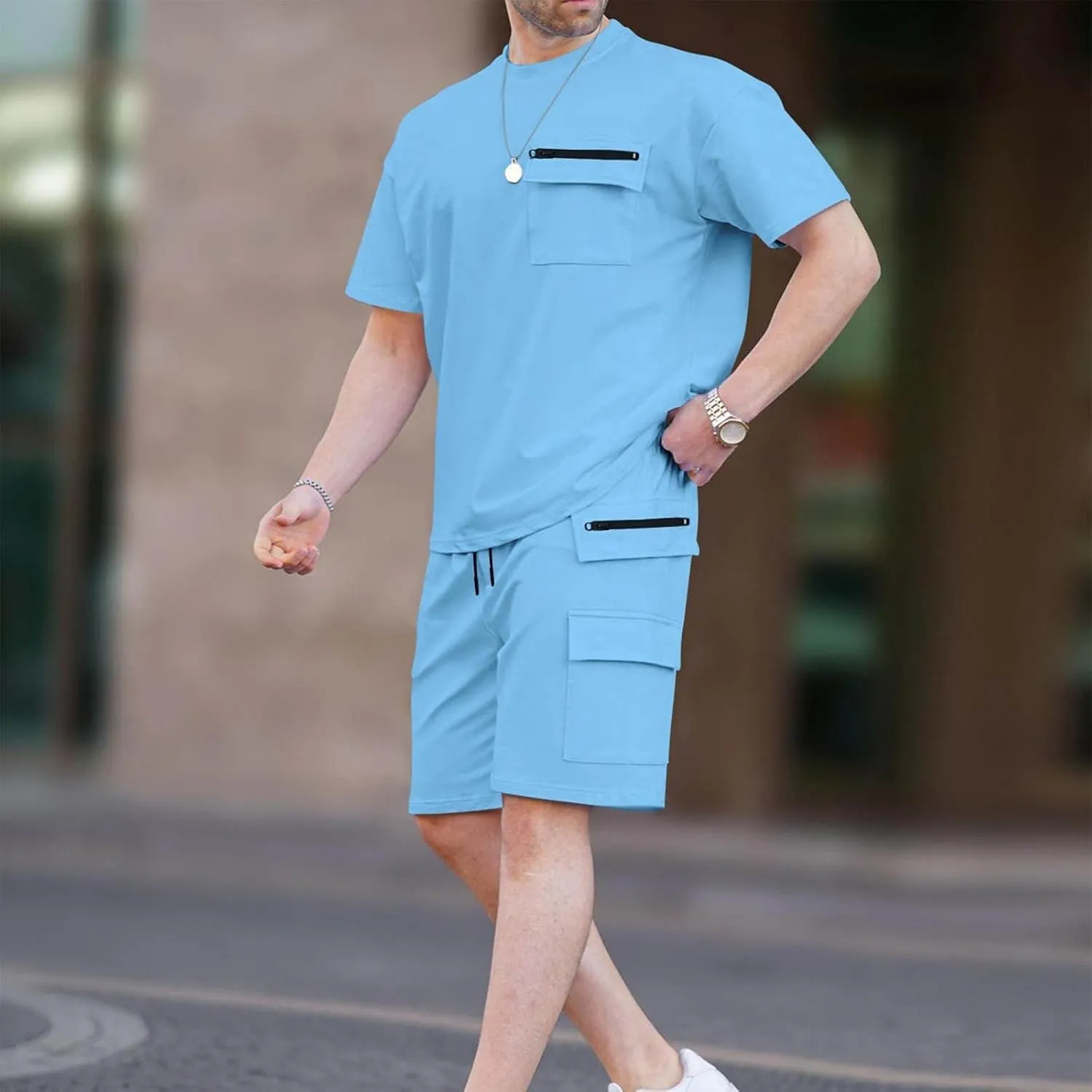 Mens Summer Sets 2 Piece Outfits Fashion Summer Tracksuit Casual Short Sleeve Shirt Pullover & Cargo Shorts Multi Pocket