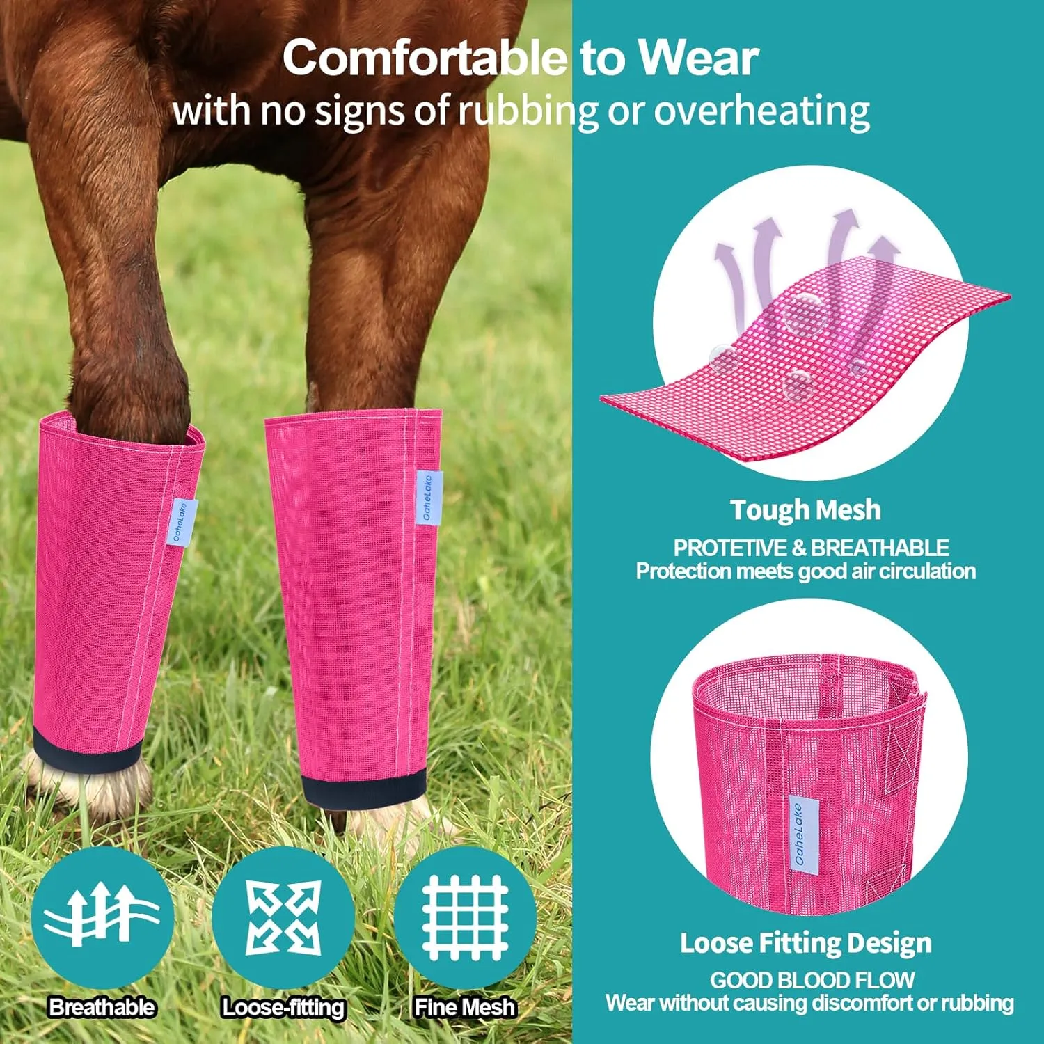 Mesh Horse Fly Boots Set of 4, Loose Fitting Leggings for Horses, Reduce Stressful Stomping, Breathable Adjustable and Universal Fit for 4 Legs, Reliable Stay Put (Magenta)