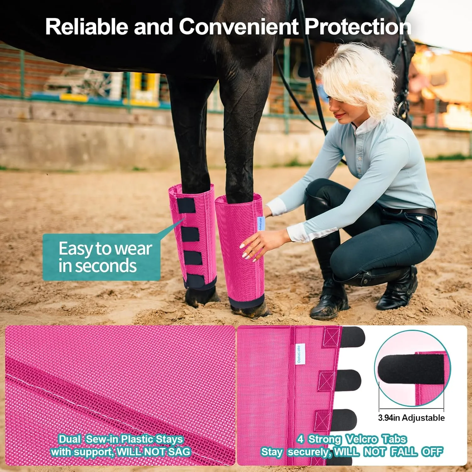 Mesh Horse Fly Boots Set of 4, Loose Fitting Leggings for Horses, Reduce Stressful Stomping, Breathable Adjustable and Universal Fit for 4 Legs, Reliable Stay Put (Magenta)