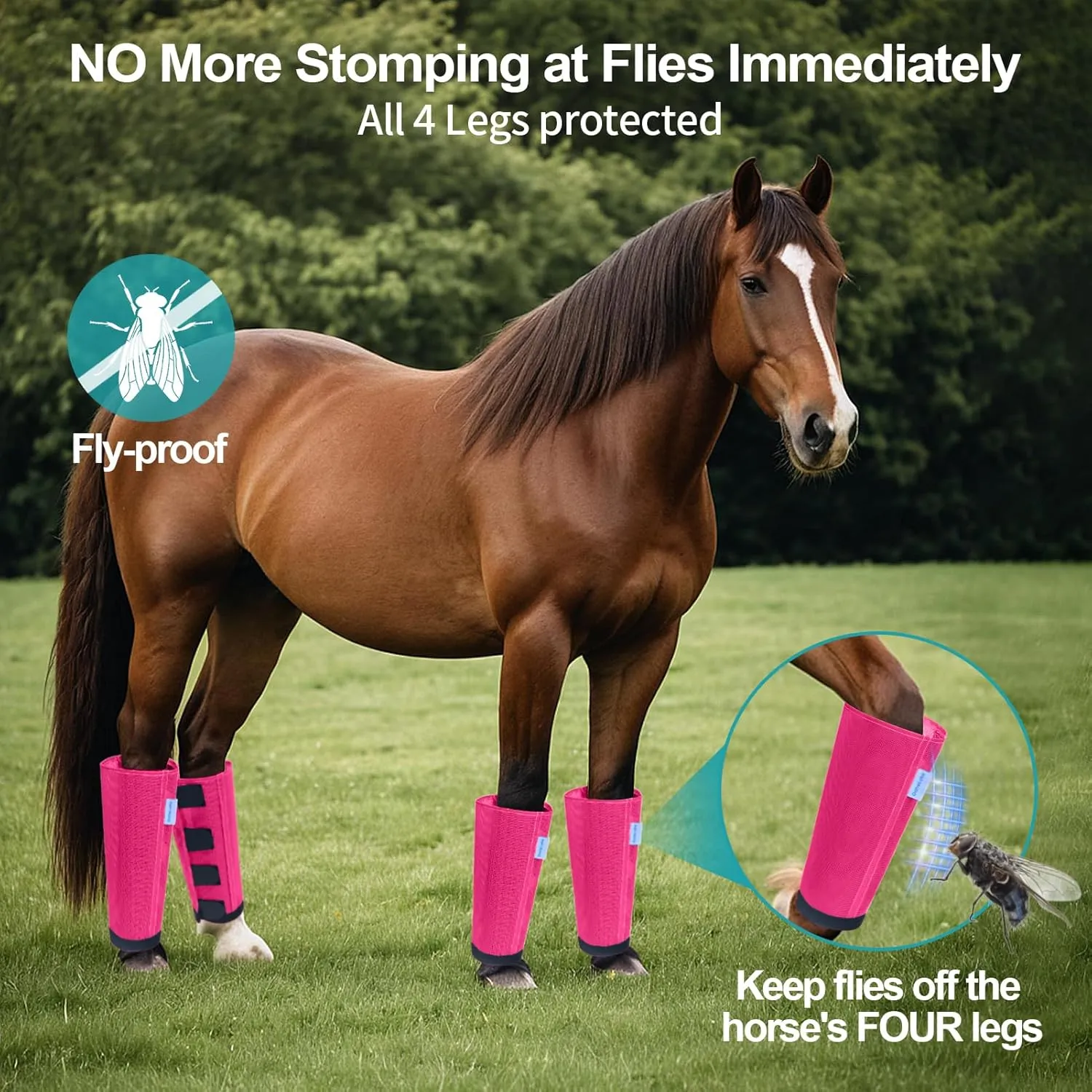 Mesh Horse Fly Boots Set of 4, Loose Fitting Leggings for Horses, Reduce Stressful Stomping, Breathable Adjustable and Universal Fit for 4 Legs, Reliable Stay Put (Magenta)